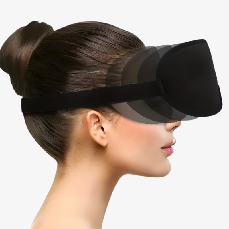 ViSleep™ Blackout 3D sleep mask in black, worn by a model, featuring a contoured design for light blocking.