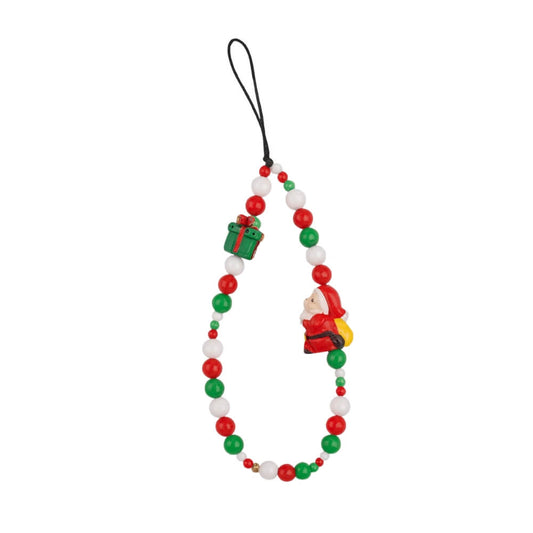 Christmas themed beaded phone charm with red green and white beads a miniature Santa Claus a green gift box and a black loop