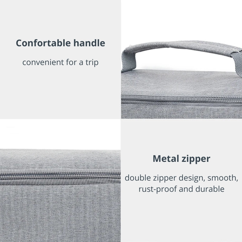 Grey fabric travel organizer featuring a comfortable top handle and a smooth, rust-proof metal double zipper design for durability