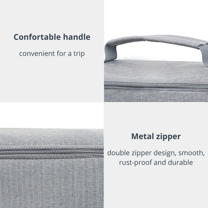 Grey fabric travel organizer featuring a comfortable top handle and a smooth, rust-proof metal double zipper design for durability
