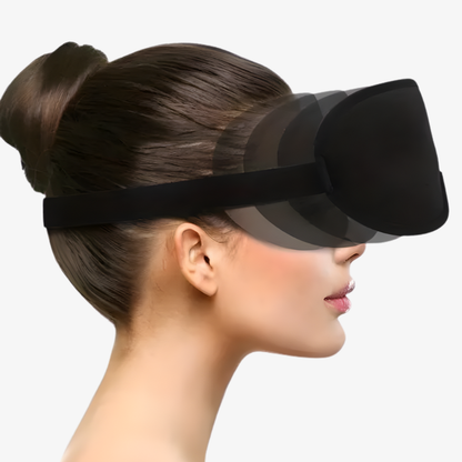 ViSleep™ Blackout 3D sleep mask in black, worn by a model, featuring a contoured design for light blocking.