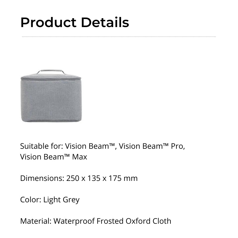 Product photo of a light grey rectangular carrying case made from waterproof frosted Oxford cloth with a top handle, suitable for Vision Beam, Vision Beam Pro, and Vision Beam Max projectors