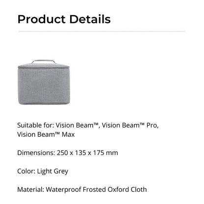 Product photo of a light grey rectangular carrying case made from waterproof frosted Oxford cloth with a top handle, suitable for Vision Beam, Vision Beam Pro, and Vision Beam Max projectors