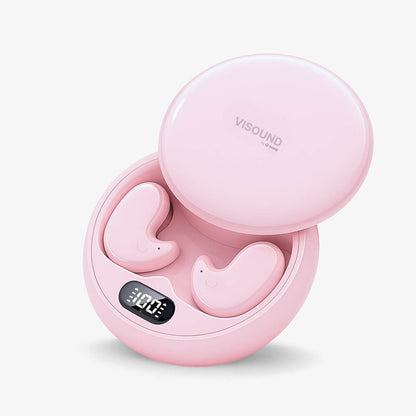 Pink VISOUND by Orionb wireless earbuds in an open charging case displaying 100% battery charge, featuring unique curved earbud shapes with small smiling faces