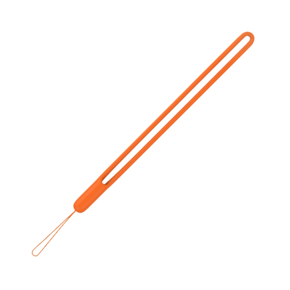 Bright orange silicone wrist strap featuring an elongated main loop and a thin braided string attachment, isolated on a white background