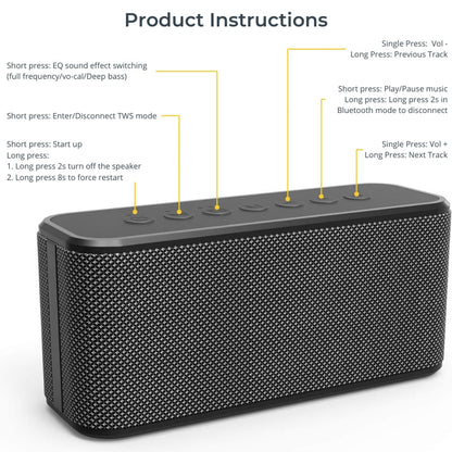 Product instruction diagram of a rectangular black portable Bluetooth speaker with a mesh grille and seven gray control buttons on top connected by yellow lines to detailed text explanations for EQ sound effects TWS mode power on/off volume and track navigation