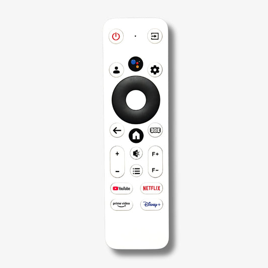 White smart TV remote control on a plain background featuring a prominent black navigation ring, a colorful Google Assistant button, and red YouTube and Netflix logos