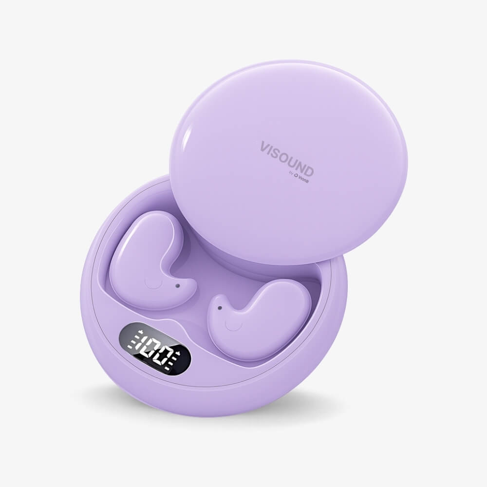Digital photograph of VISOUND by O Vione light purple wireless earbuds in an open charging case displaying "100" with subtle smile details on a white studio background