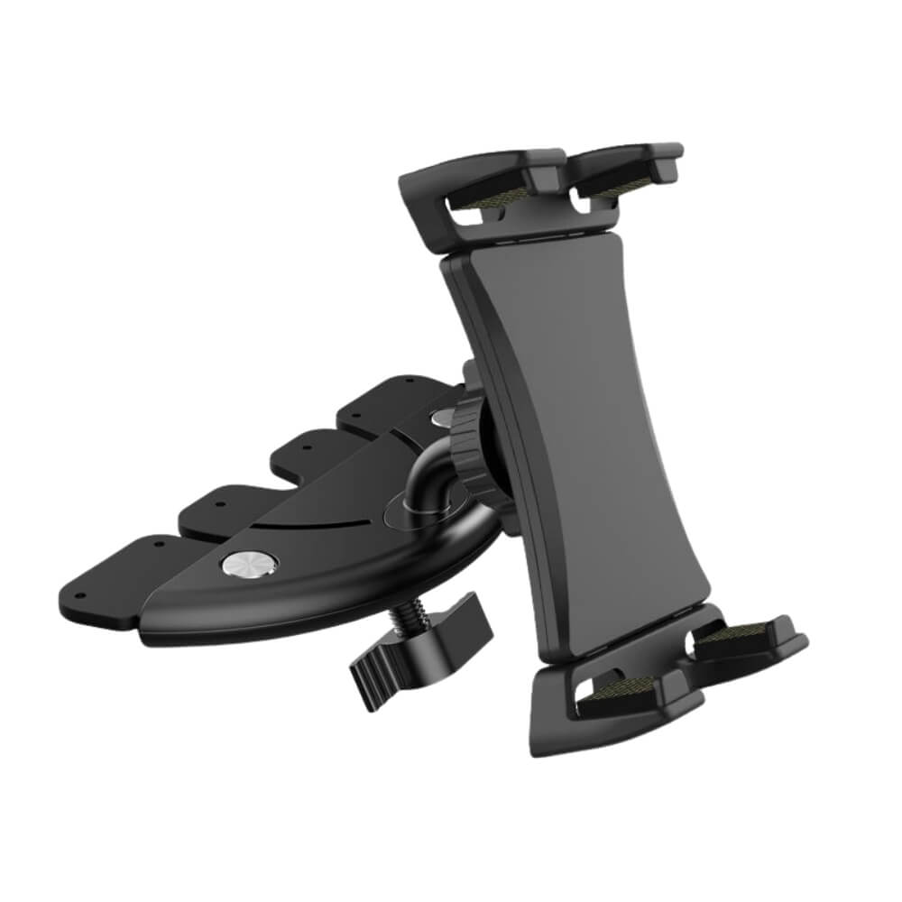 Black adjustable tablet holder product shot featuring a multi-segment articulating mount base, a prominent swivel joint, and secure padded device grips