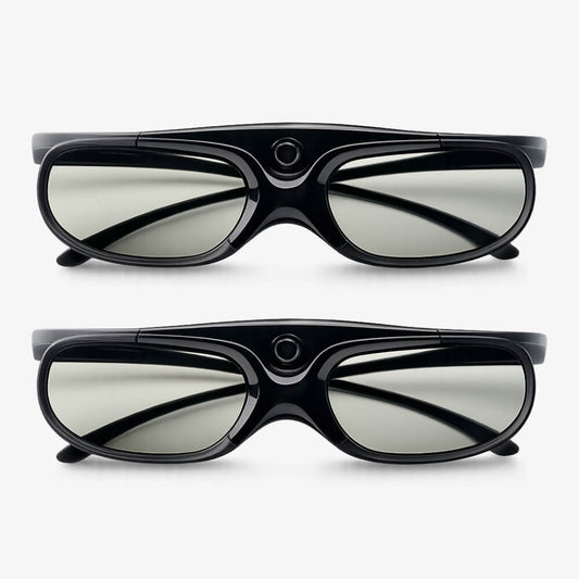 Two black active shutter 3D glasses on a white background with sleek black frames, light grey rectangular lenses, and a distinct circular sensor on the top bridge, stacked horizontally